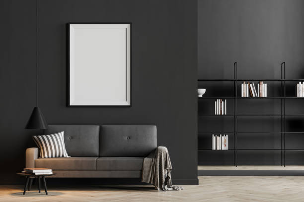 istock Dark living room interior with empty poster and sofa 1313368411
