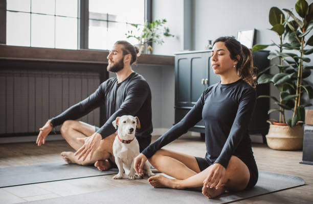 istock Couple practicing yoga at home 1313368525