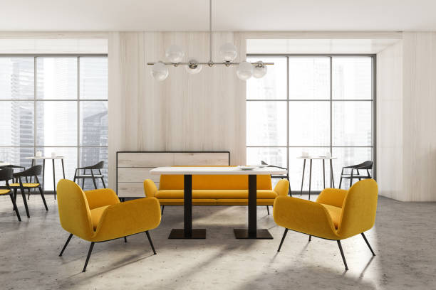 istock White cafe interior with armchairs and table, open space restaurant 1313368565