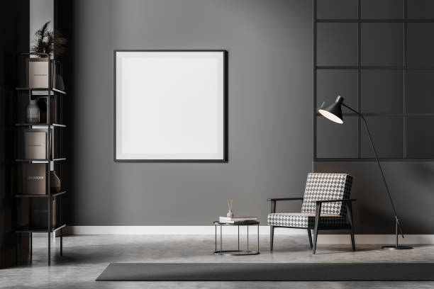 istock Modern waiting room interior with bookshelf and white poster 1313368579