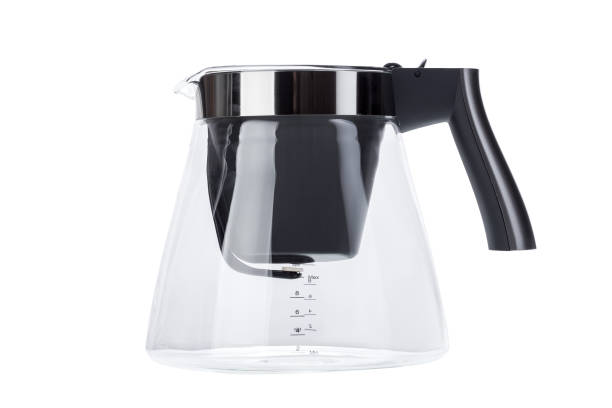 istock glass transparent flask for drip coffee maker with filter and valve for brewing a drink, kitchen household appliances object with handle and measuring scale isolated on white background. 1313369712