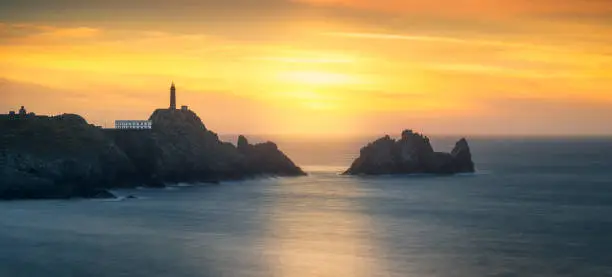 Cape Vilan lighthouse during sunset on the Death Coast. Galicia, Spain in Camariñas, GA, Spain