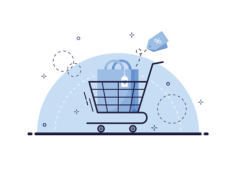 Shopping cart with gift or shopping bag. Purchase and order online E-shop concept. Vector banner for store. Flat design. Blue. Eps 10