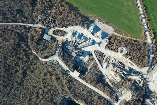 Aerial view of a large  rock quarry