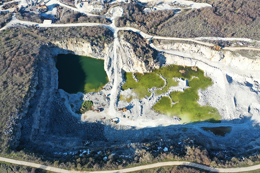 Aerial view of a large  rock quarry