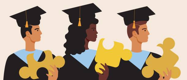 istock Multicultural graduates with puzzle, flat vector stock illustration with Men, women students at the graduation 1313380134