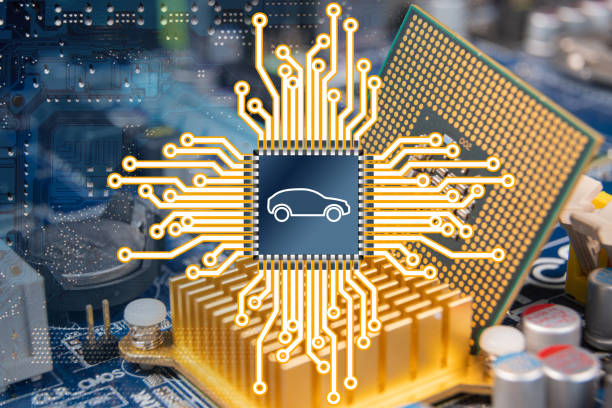 An illustration representing a computer circuit board and a car chip. stock photo