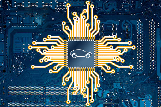 An illustration representing a computer circuit board and a car chip. stock photo