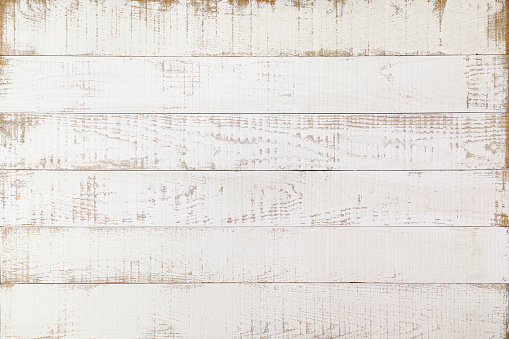 Old-fashioned worn white wooden paneling with patches of wood showing through the white paint. Nice rustic feel suitable for a classic background or for copy space.