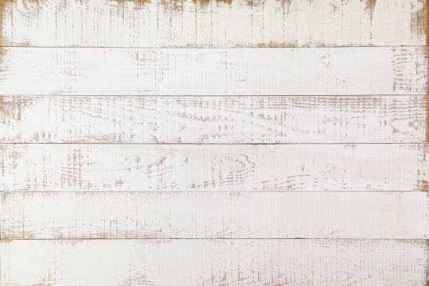 Old weathered abstract white-colored paneled oak wood background with lots of wood grain and texture. Old-fashioned worn white wooden paneling with patches of wood showing through the white paint. Nice rustic feel suitable for a classic background or for copy space. weathered stock pictures, royalty-free photos & images