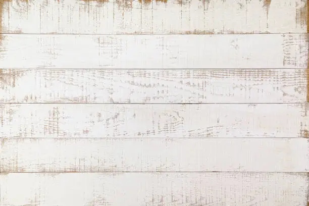 Photo of Old weathered abstract white-colored paneled oak wood background with lots of wood grain and texture.