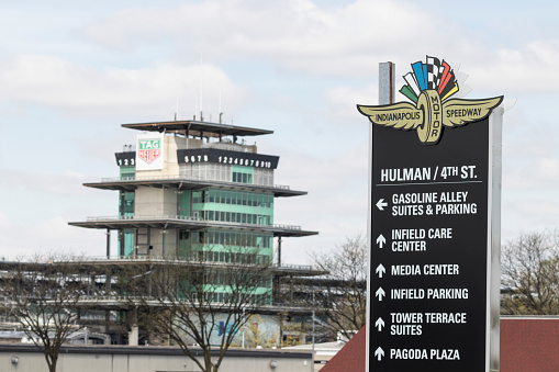 Indianapolis - Circa April 2021: The Pagoda and infield at Indianapolis Motor Speedway. The Pagoda is one of the most recognizable structures at IMS and motorsports.