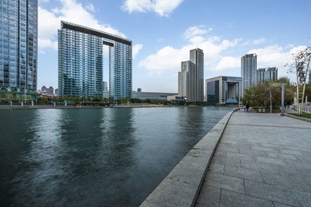 istock empty floor and city skyline under blue sky, tianjin, china 1313386251