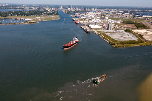 Aerial view of shipping in the Port of Tampa on Tampa Bay Tampa Florida photograph taken April 2021