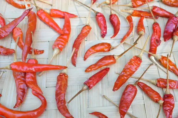 Photo of Whole dried red chili or hot pepper top view on natural background with copy space.