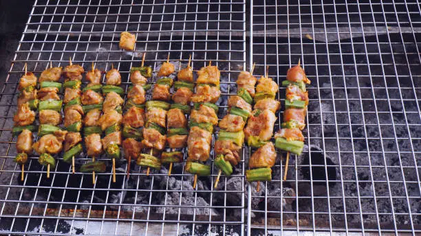 BBQ Healthy barbecued lean cubed pork and chicken kebab on skewers with vegetables, Ho May park