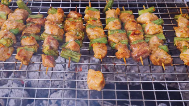 BBQ Healthy barbecued lean cubed pork and chicken kebab on skewers with vegetables, Ho May park