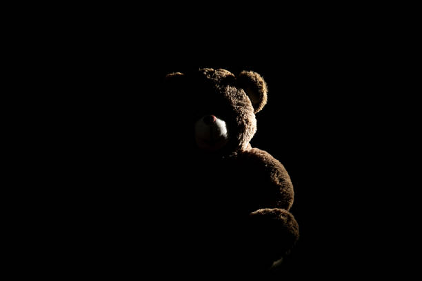 istock Teddy bear in the darkness being lit only by one light. Silhouette. 1313394883