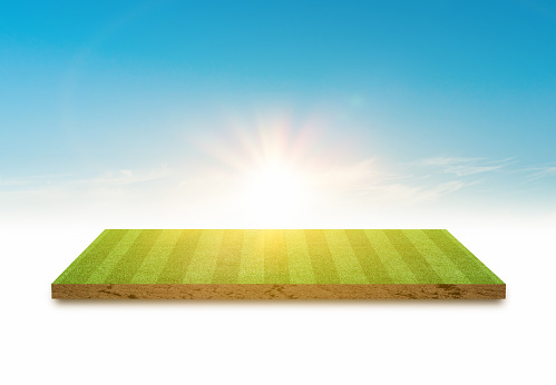 3D Rendering. Green grass soccer field and sky cloud background.