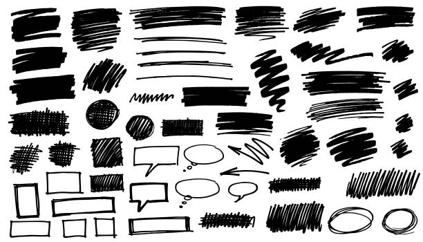Black pen marker shapes Black paint marker grunge scribbles and shapes vector illustration permanent marker stock illustrations
