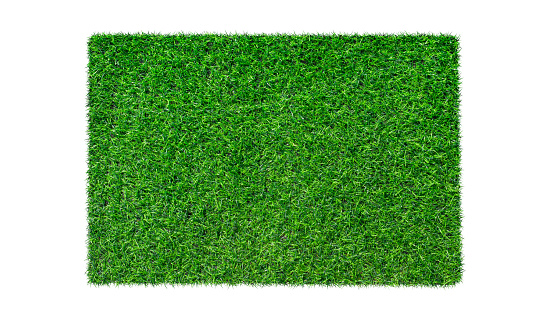 Artificial green carpet grass isolated on white background. top view