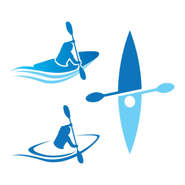 illustrazioni stock, clip art, cartoni animati e icone di tendenza di set logo canoa sport con colore blu - canoeing