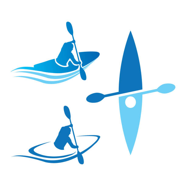 파란색으로 설정된 카누 스포츠 로고 세트 - canoeing stock illustrations