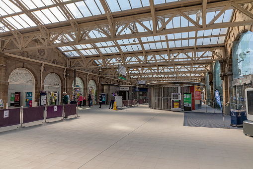 Chester-le-Street railway station, Durham, UK.  There are empty platforms.