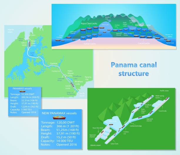 profil kanału panamskiego. struktura zamków. logistyka i transport międzynarodowego kontenerowca. fracht, żegluga, koncepcja statków morskich. ilustracja wektorowa - panama canal panama canal lock panama city stock illustrations