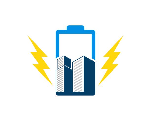 ilustraciones, imágenes clip art, dibujos animados e iconos de stock de batería eléctrica con edificio de la ciudad y rayos - office tool flash