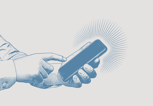векторная иллюстрация рук, текстовых сообщений на смартфоне - retro revival telephone human hand toned image stock illustrations