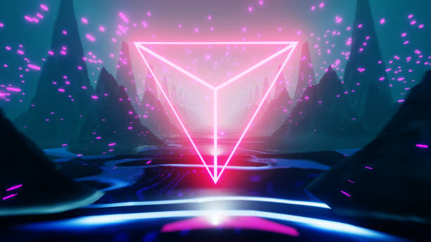 istock 3D illustration graphic of beautiful sci-fi mountain and river landscape with neon triangle and bright colorful lights. 1313401873