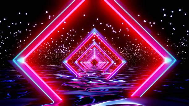 istock 3D illustration of between beautiful neon sci-fi tunnel half inside the glowing river motion graphics. 1313401875