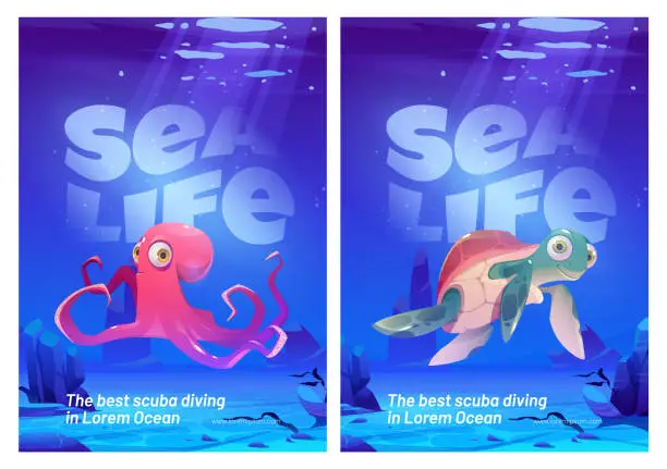 Vector illustration of Underwater sea life animals, scuba diving posters