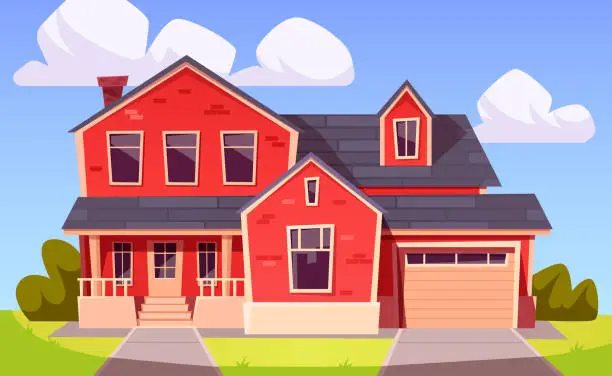 Vector illustration of Suburban house, residential building with garage