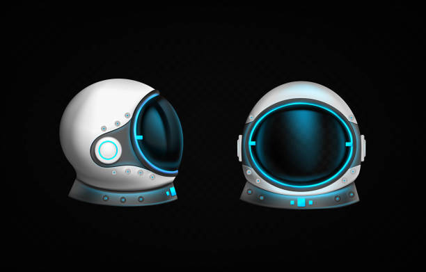 hełm astronauty z przezroczystym szkłem i niebieskim światłem - astronaut space helmet space helmet stock illustrations
