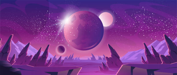 Space background with planet landscape and stars Space background with purple planet landscape, stars, satellites and alien planets in sky. Vector cartoon fantasy illustration of cosmos, cracked stone surface with rocks and mountains alien planet stock illustrations