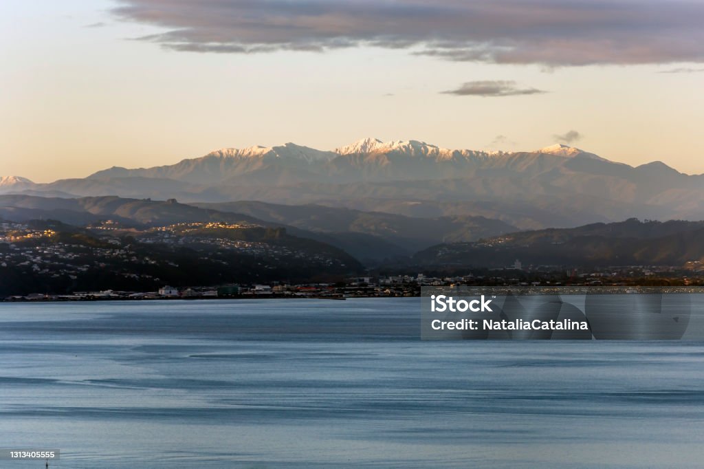 Snowy mountains view from Wellington, New Zealand Lower Hutt Stock Photo