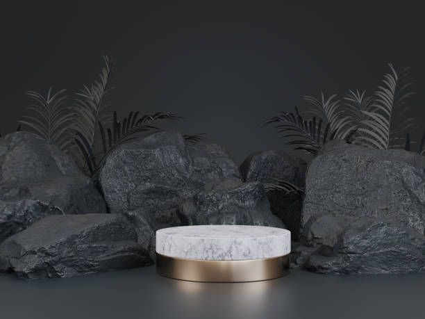 Black geometric Stone, Rock shape background, Mockup for podium display Product presentation and Dark Spa Charcoal Concept.