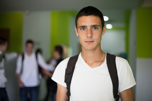 Portrait of male student.  Male Students standing in school hallway.