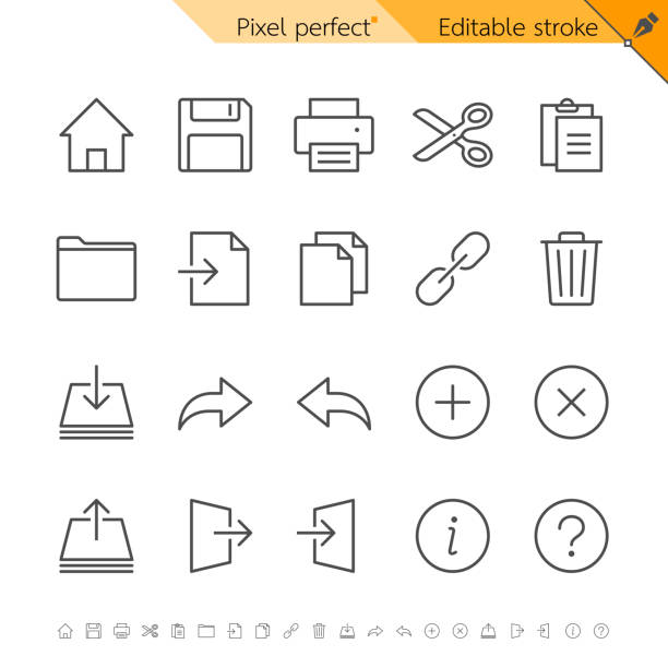 application_toolbar Application toolbar thin icons. Pixel perfect. Editable stroke. filing tray stock illustrations
