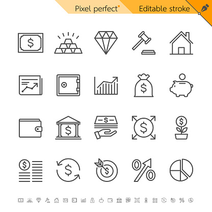 Business and investment thin icons. Pixel perfect. Editable stroke.