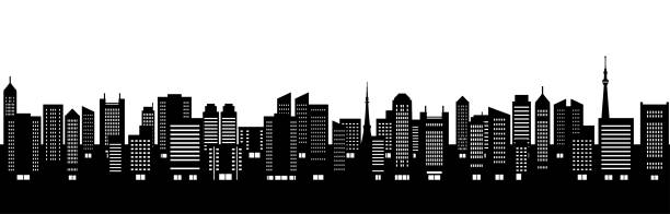 illustrazioni stock, clip art, cartoni animati e icone di tendenza di illustrazione del paesaggio urbano con grattacieli (silhouette) - tokyo prefecture city skyline night