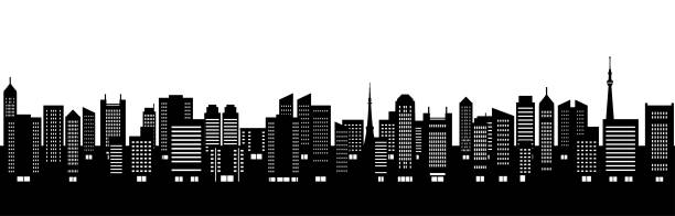 ilustrações de stock, clip art, desenhos animados e ícones de illustration of urban landscape with skyscrapers (silhouette) - tokyo prefecture city skyline night