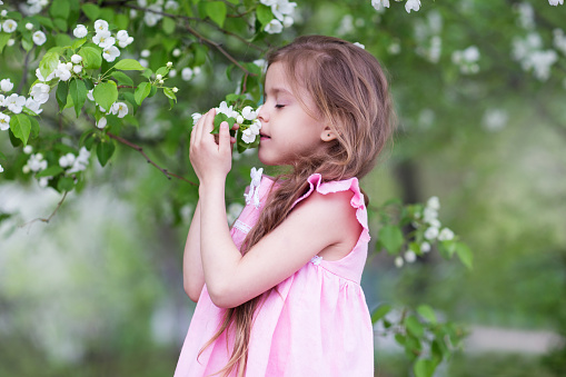 a girl sniffs a flowering tree
