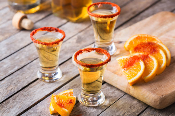 칠리 페퍼와 오렌지를 곁들인 멕시코 메즈칼 또는 메스칼 샷 - tequila shot glass glass tequila shot 뉴스 사진 이미지