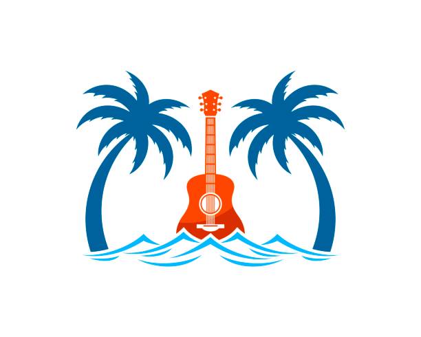 illustrations, cliparts, dessins animés et icônes de palmier avec l’onde de plage et la guitare à l’intérieur - sky tree audio