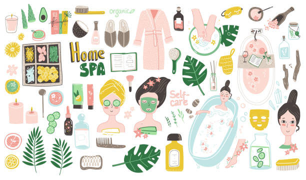 Home SPA doodle collection. Vector illustrations in naive cute style Home SPA doodle collection, elements, ingredients and characters. Vector illustrations in naive cute style washcloth stock illustrations