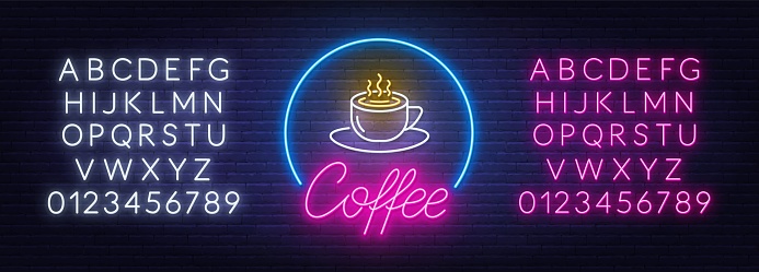 Coffee neon sign on brick wall background. Pink and white neon alphabets.