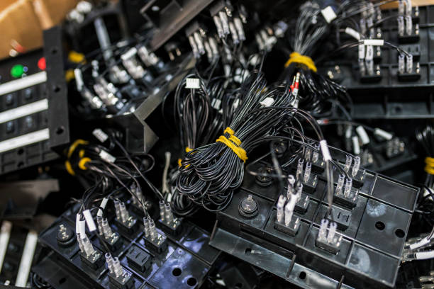 istock Wiring harnesses, production. Industrial background with copy space. 1313416601